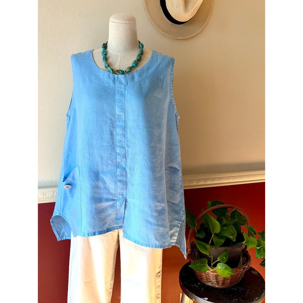 Haris Cotton Blue 100% Linen Sleeveless Tank Top Made in Greece S Lagenlook Boho